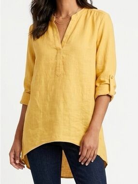 Ellen Tracy 100% Linen Tunic Sunflower Yellow Split Neck High Low Top S